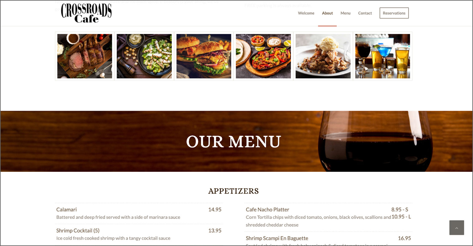 crossroads cafe restaurant website design